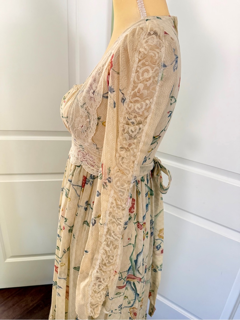 Gunne Sax Vintage 1970’s Ivory Floral Bird Print Maxi Prairie Dress Size 9 - Picture 5 of 16
